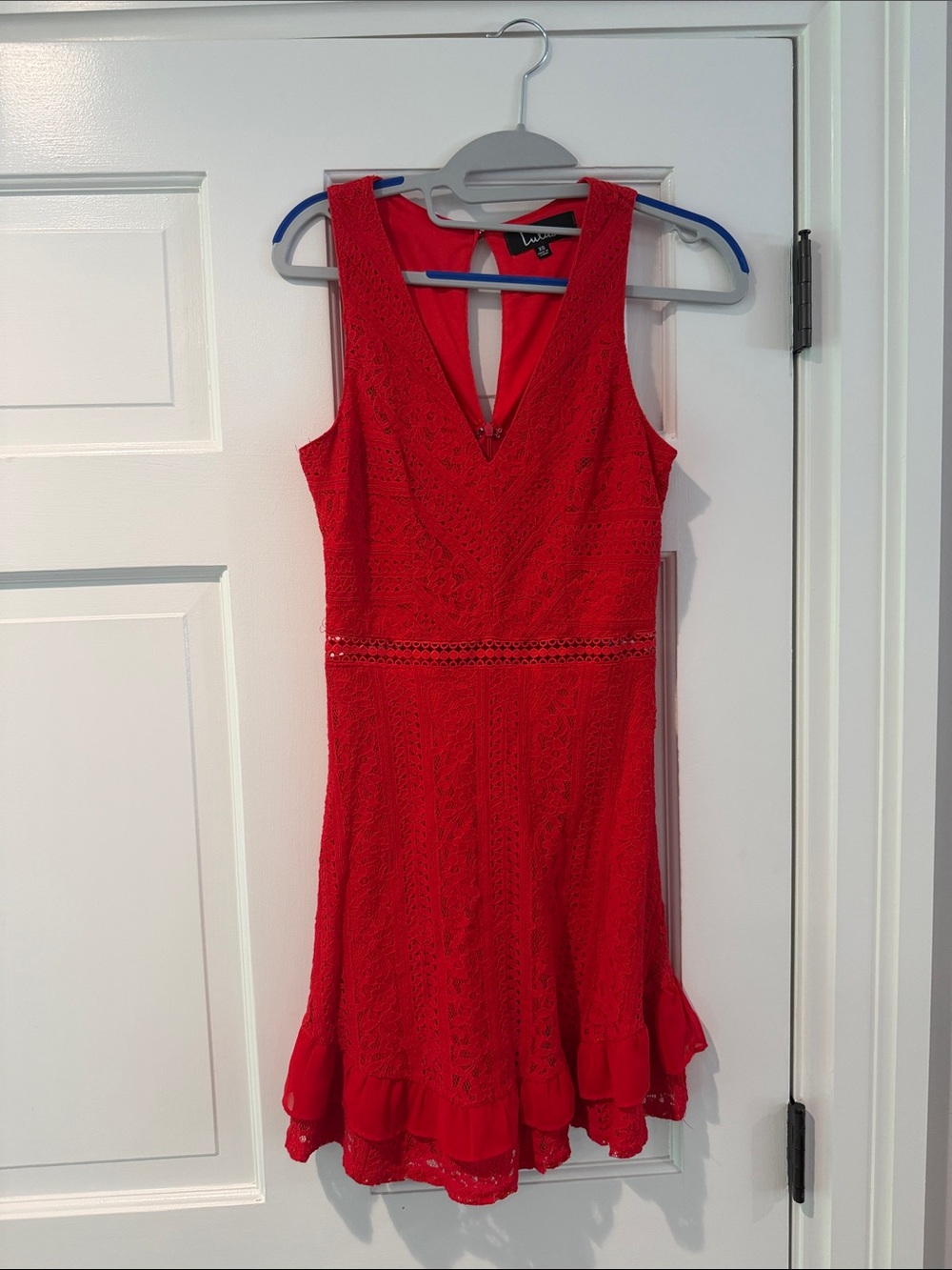 Lulu's Red Lace V-Neck Ruffle Hem Mini Dress